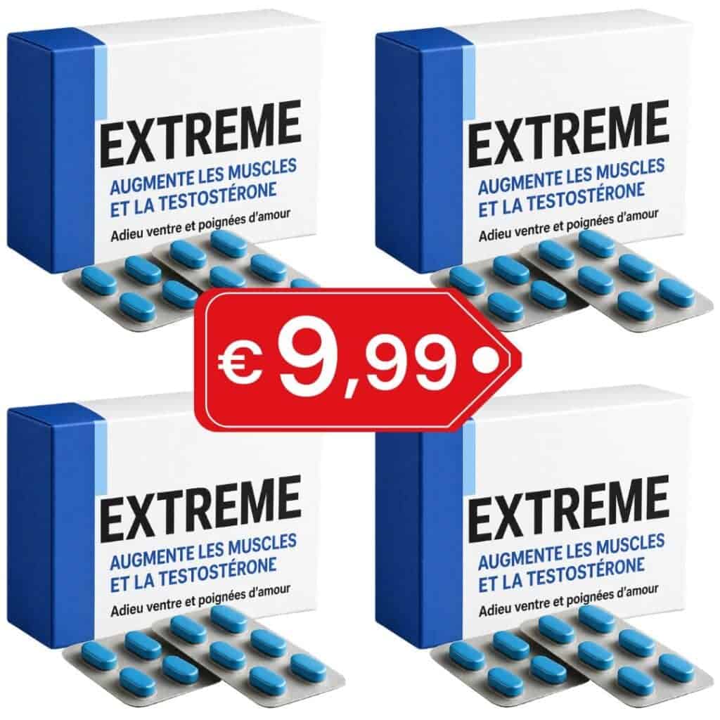 Box di integratori Extreme con prezzo di 9,99€ e compresse blu.